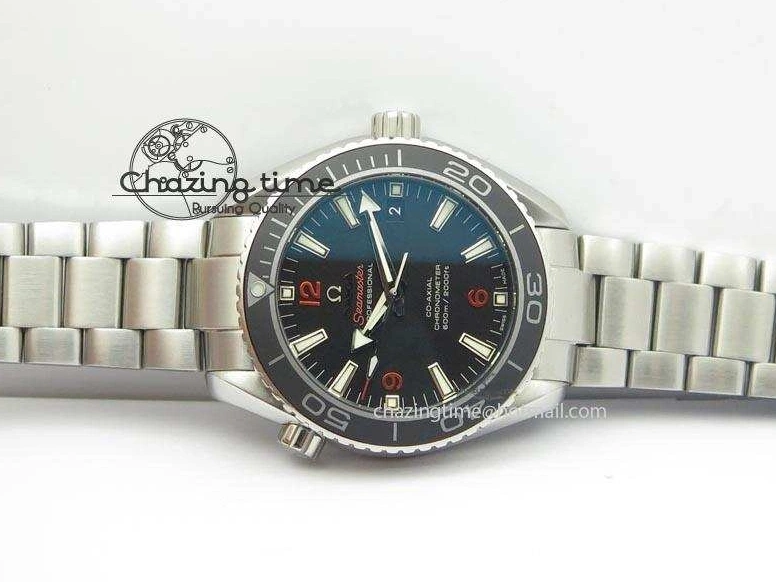 0812 Contemporary Planet Ocean SS Bp Maker 45mm Black Bezel Orange Numbers On SS Bracelet A 8217